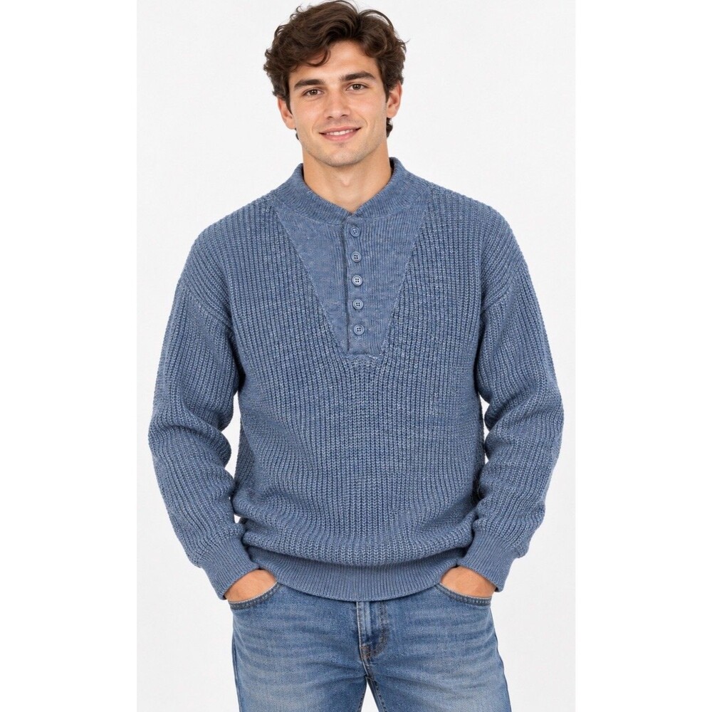 Vintage 80s LL Bean High Trek Yarn Sweater M Tall Blue Wool Blend Henley USA